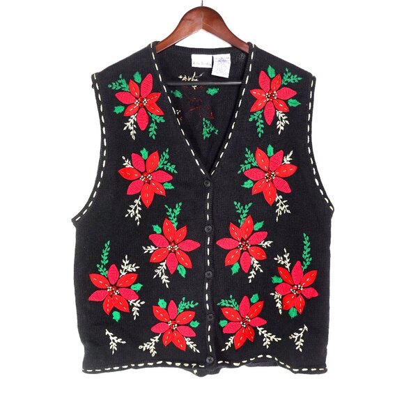 Vintage Christmas Knit Beaded Vest - Bobbie Brooks - Womens XL - Picture 1 of 4